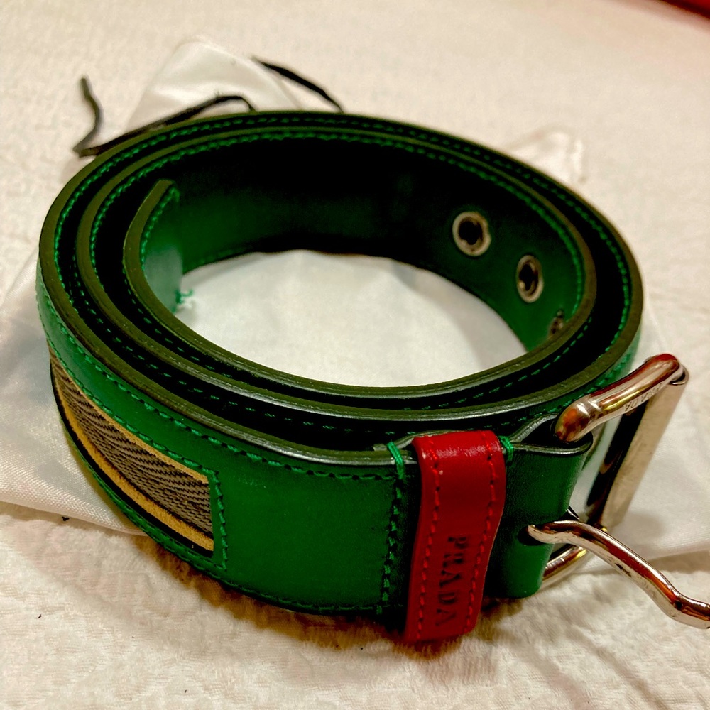 Prada green, grey, red leather belt NWOT.